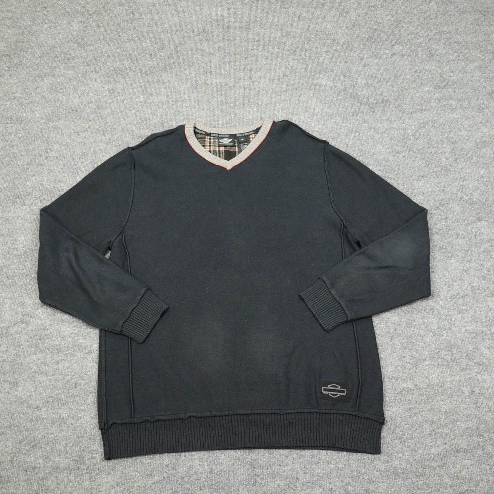 Harley-Davidson Sweatshirt Mens XL Black Cotton Cashmere V-Neck Plaid Trim Logo